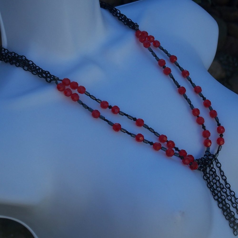 Handmade Double Strand Goth Beaded Necklace with Black Chains and Red Beads - Picture 15 of 16